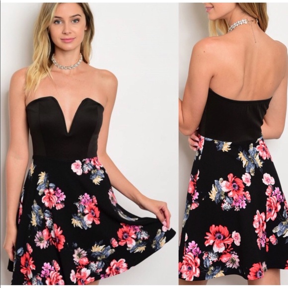 NWT Stylish Strapless Black Dress W/ Floral Skirt - Picture 2 of 4